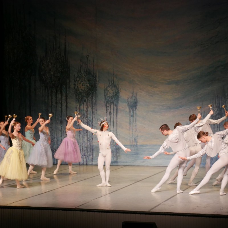 Na środku tancerz z rozpostartymi rękoma, po prawej stronie tancerze w ukłonie, po lewej baletnice z rękoma skierowanymi ku górze.